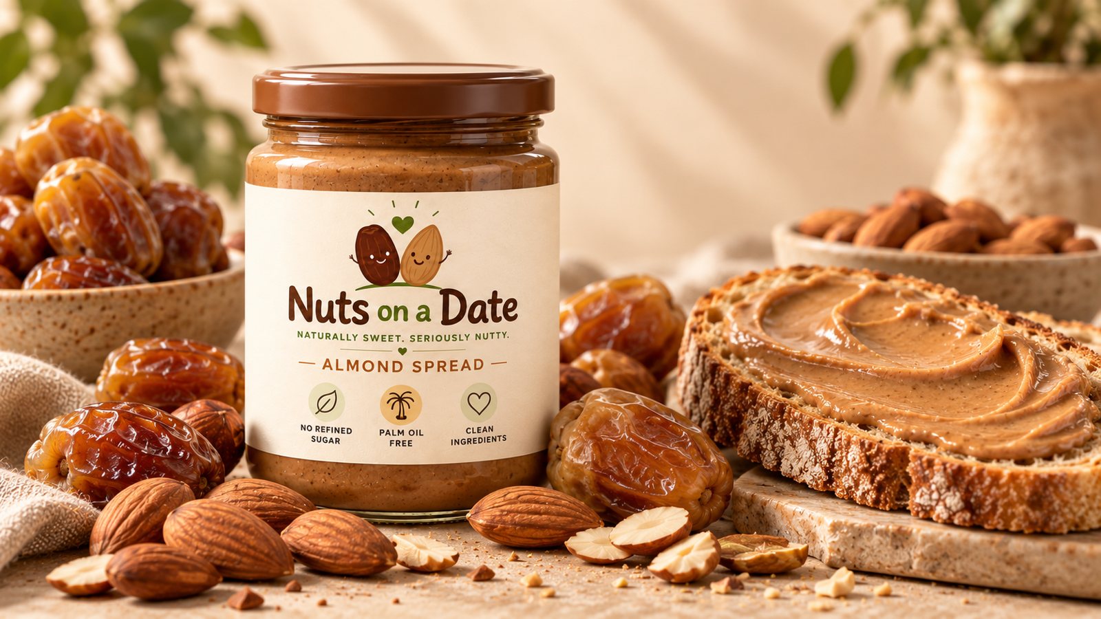 Almond spread jar with toast covered in smooth almond spread, surrounded by almonds and dates.