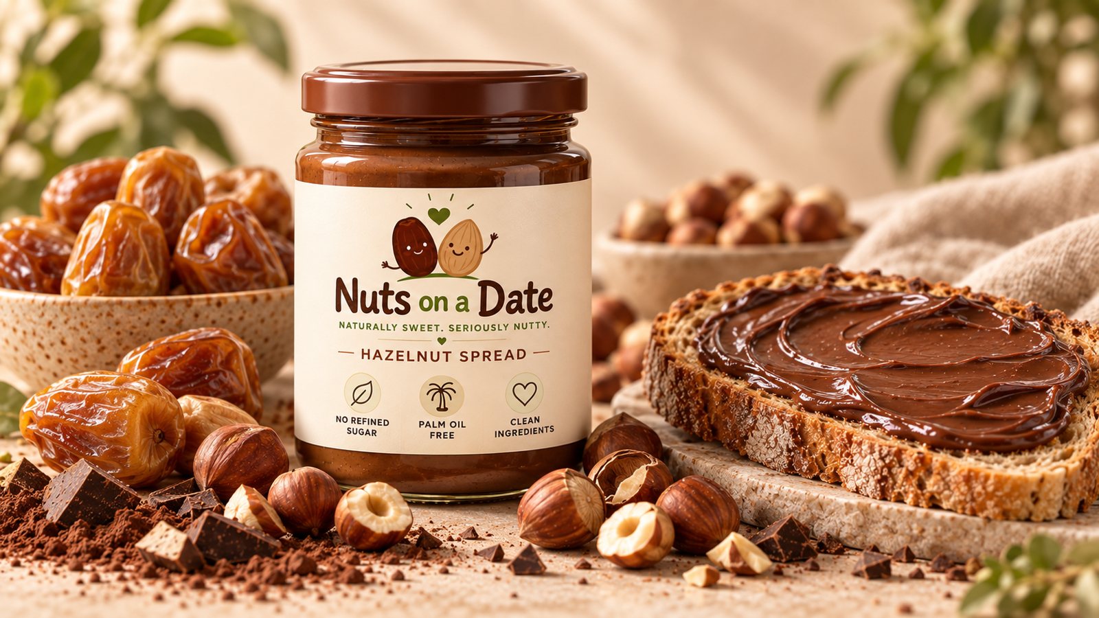 Hazelnut spread jar with a slice of toast covered in smooth chocolate hazelnut spread, surrounded by hazelnuts and dates.