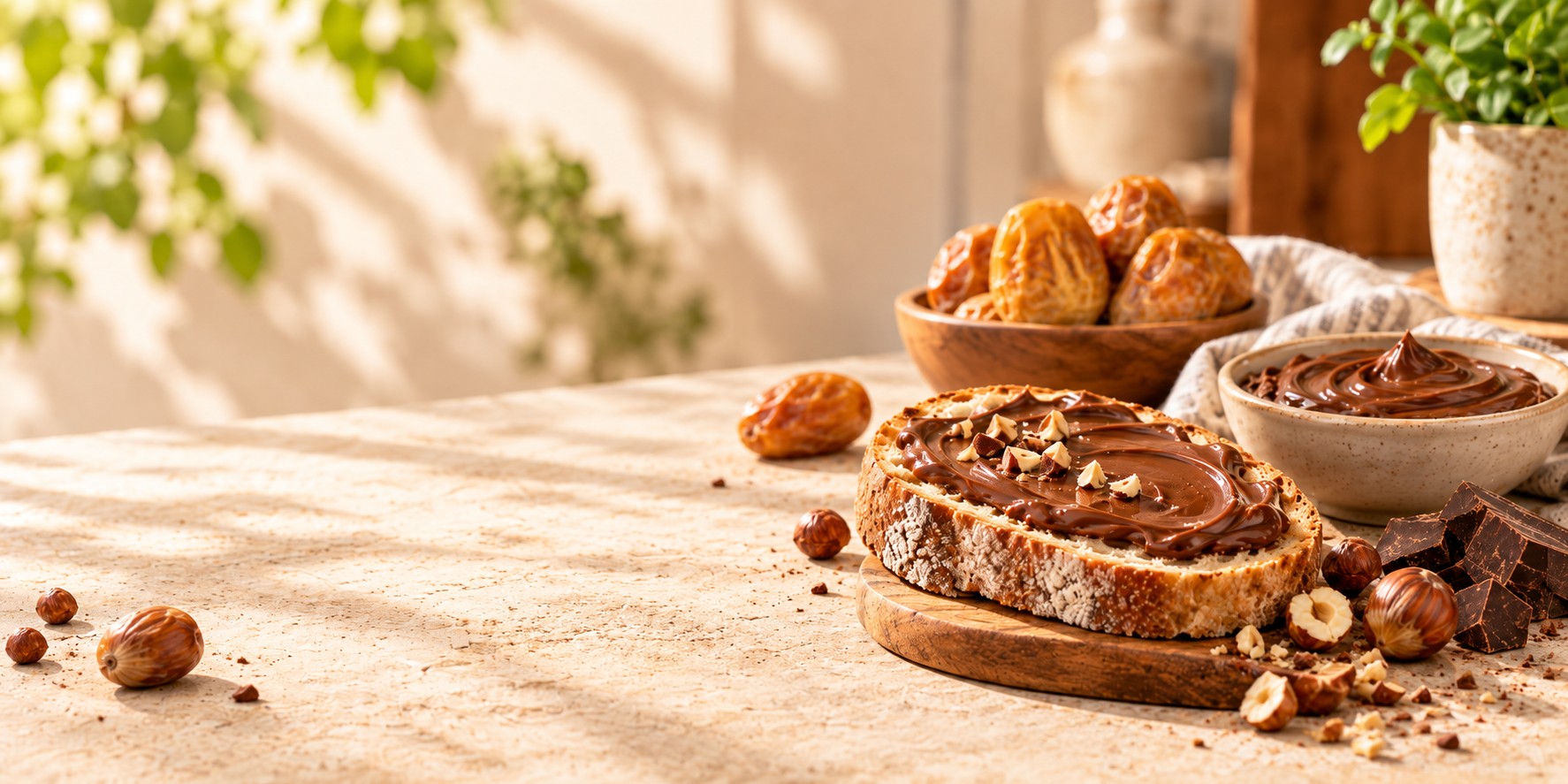 A slice of toast spread with chocolate hazelnut spread on a wooden board, with dates, hazelnuts and a bowl of spread behind.