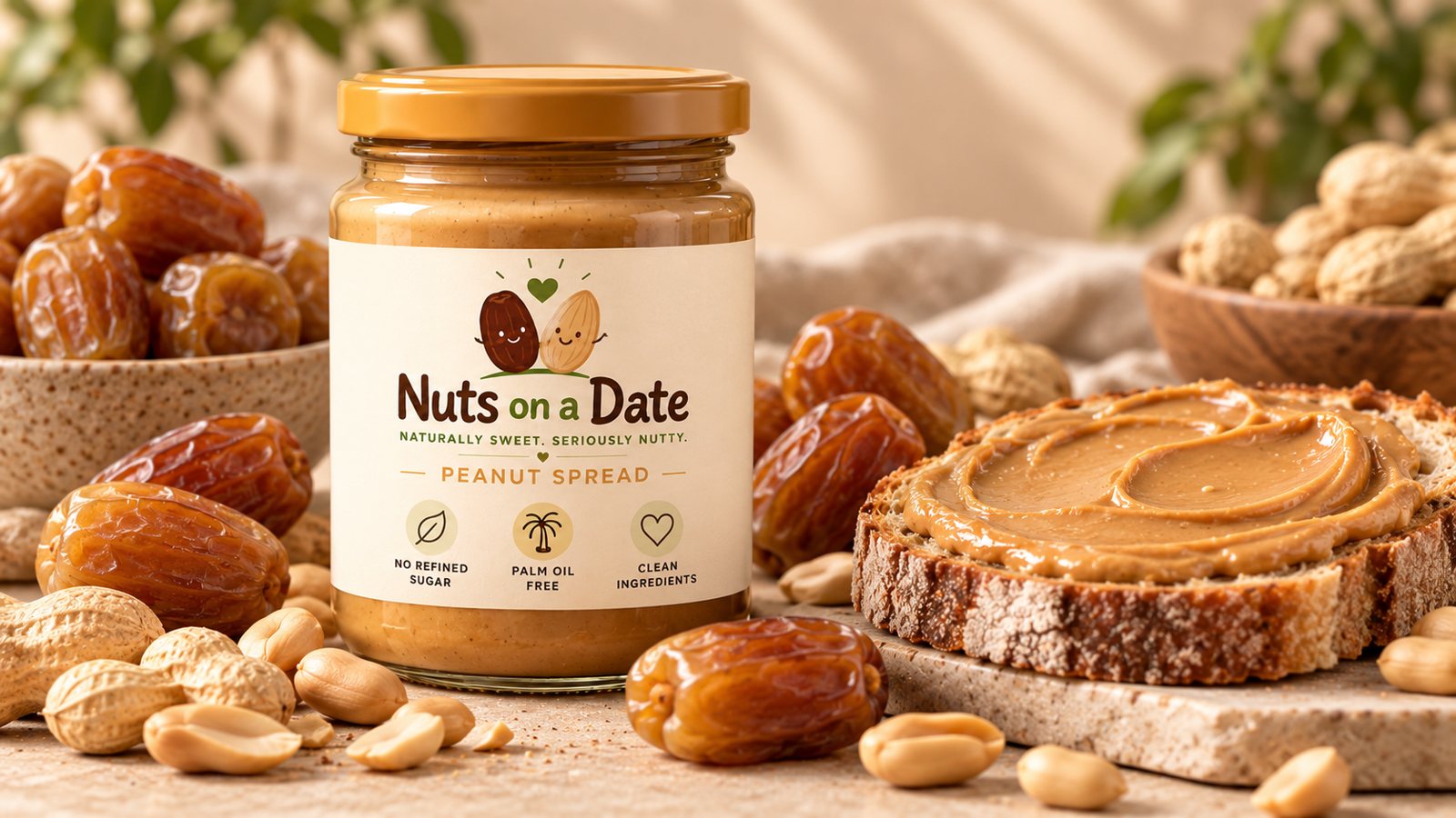 Peanut spread jar with toast covered in smooth peanut spread, surrounded by peanuts and dates.