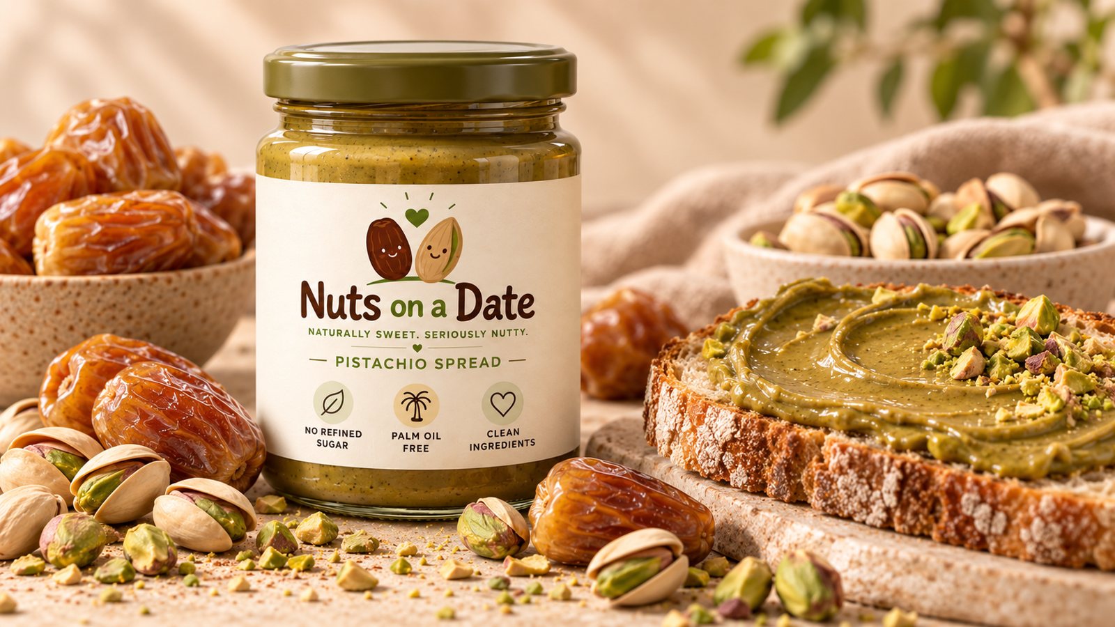 Pistachio spread jar with toast covered in smooth pistachio spread, surrounded by pistachios and dates.