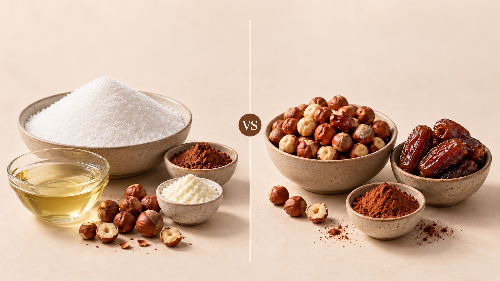 Side by side: sugar, oil, cocoa and milk powder with a few hazelnuts, versus bowls of hazelnuts, dates and cocoa.